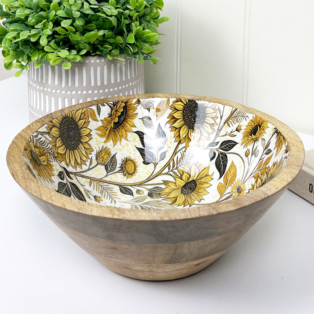 23.5cm Decorative Wooden Bowl with Enamel Sunflowers Design