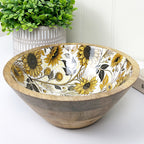 23.5cm Decorative Wooden Bowl with Enamel Sunflowers Design