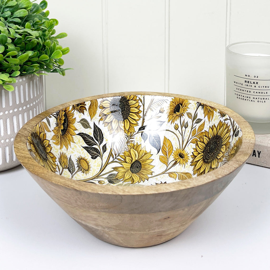 23.5cm Decorative Wooden Bowl with Enamel Sunflowers Design