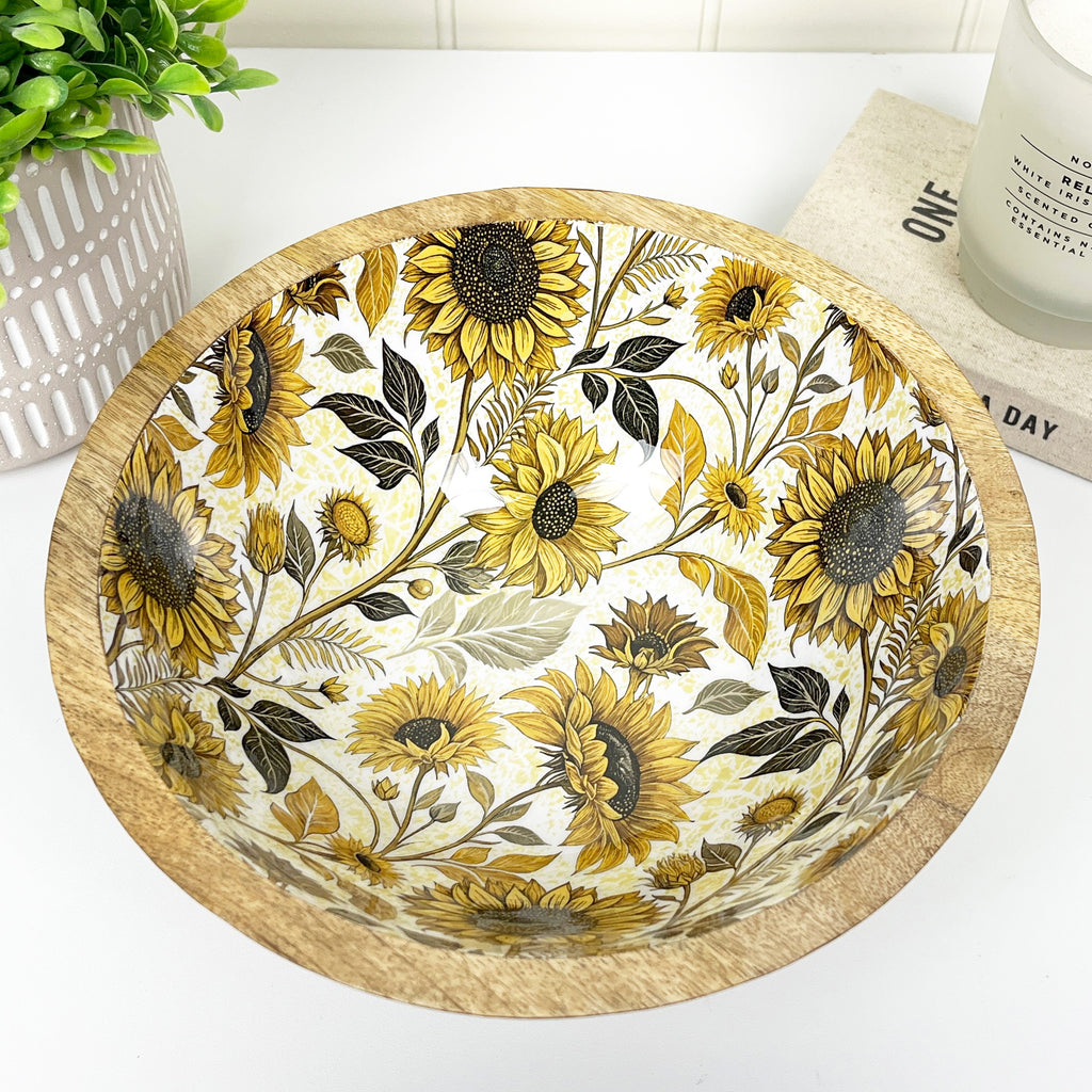 23.5cm Decorative Wooden Bowl with Enamel Sunflowers Design
