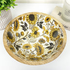 23.5cm Decorative Wooden Bowl with Enamel Sunflowers Design