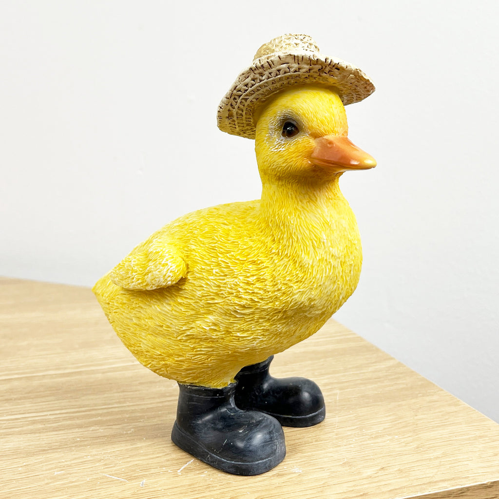 15cm Yellow Straw Hat Duck in Boots Ornament - Resin