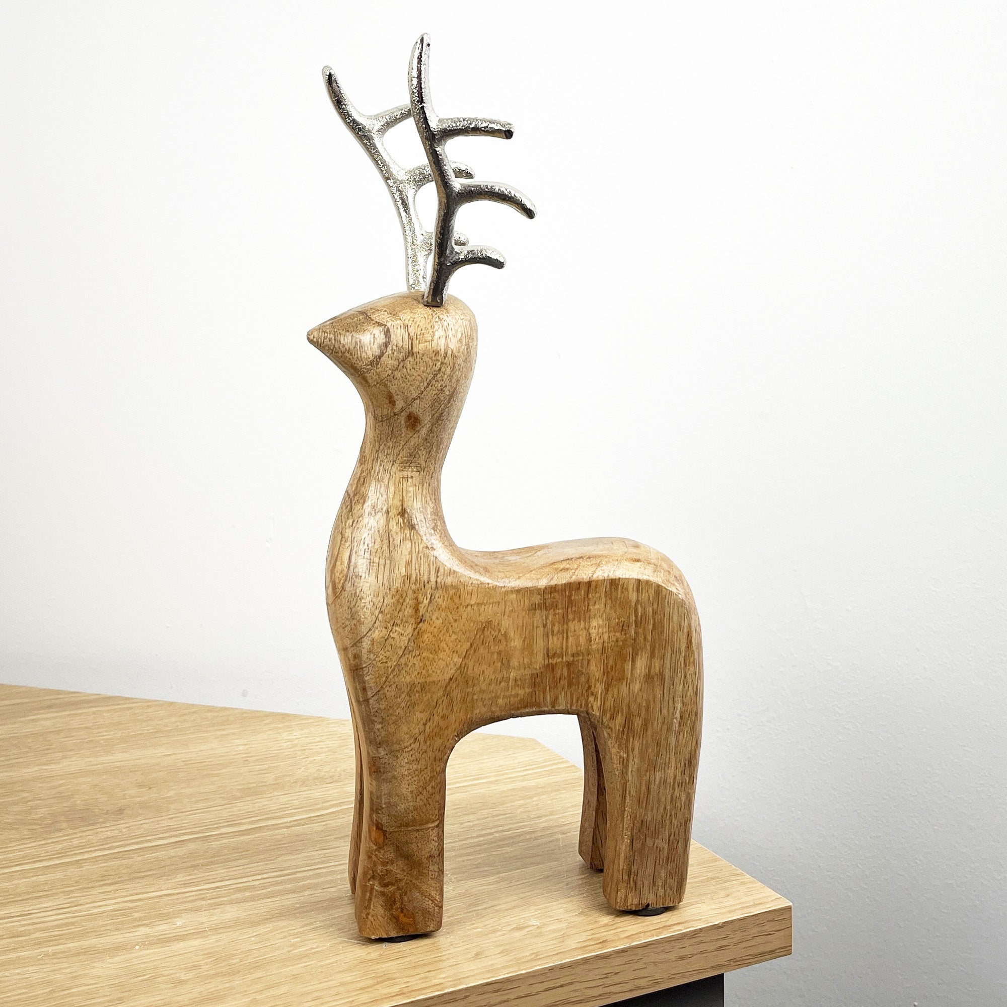 29.5cm Tall Sitting Wooden Stag / Reindeer Ornament - Wood