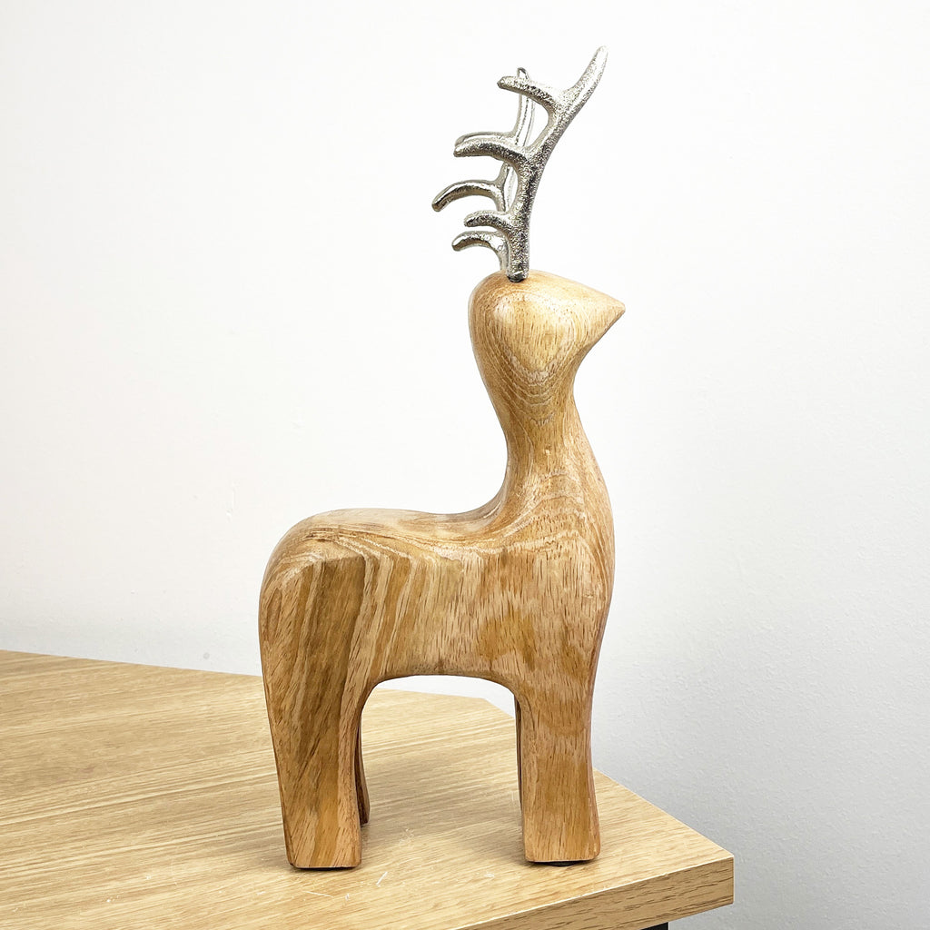 29.5cm Tall Sitting Wooden Stag / Reindeer Ornament - Wood