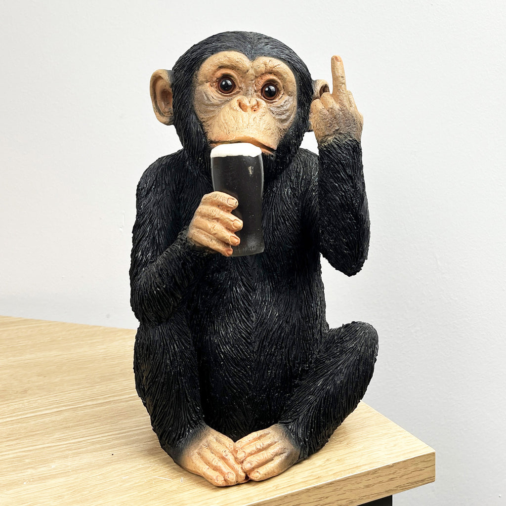 24cm Monkey With Middle Finger Holding A Pint Of Beer Ornament Resin 24cm-monkey-with-middle-finger-holding-a-pint-of-beer-ornament-resin