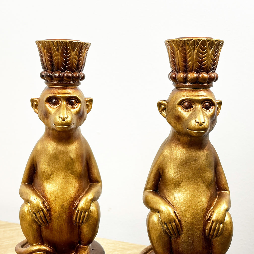 Set of 2 Gold Monkey Candle Stick Holders - Resin