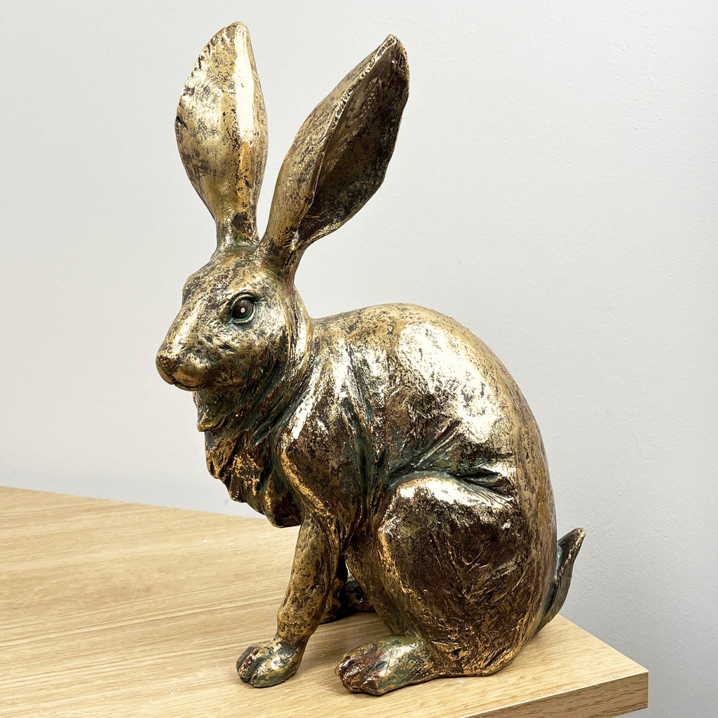 32cm Tall Large Bronze Coloured Hare Ornament – Resin