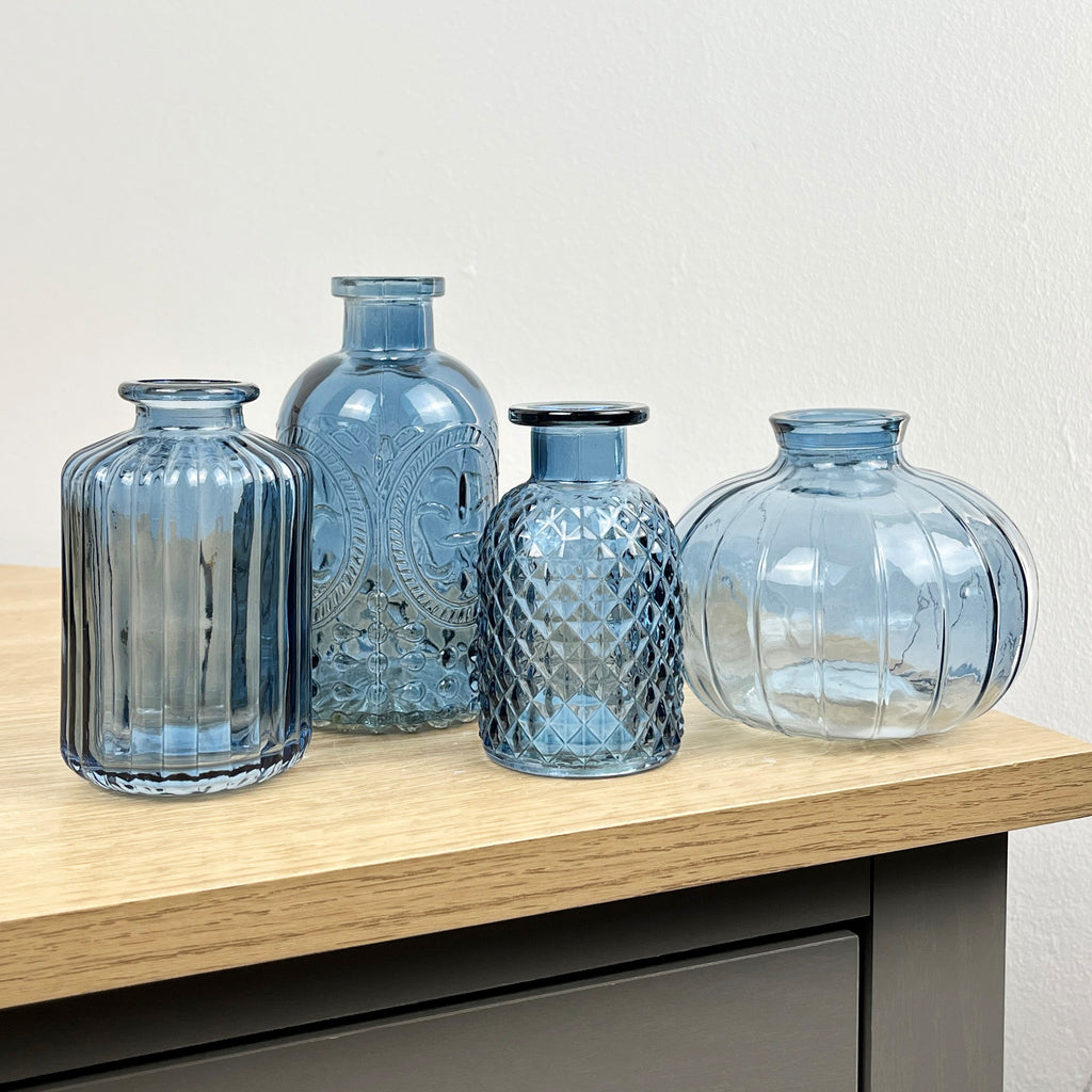 4 Piece Blue Glass Bud Vase Set - Fleur-De-Lis Mix