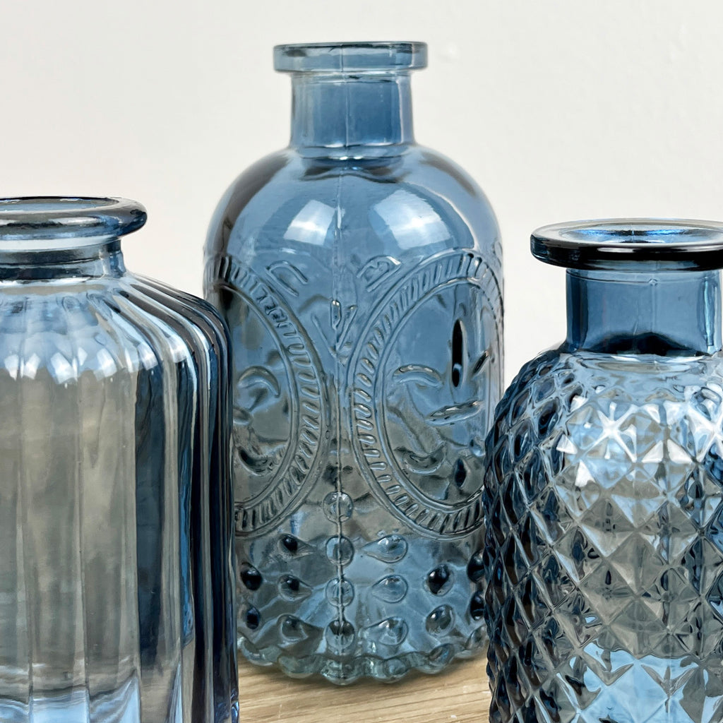 4 Piece Blue Glass Bud Vase Set - Fleur-De-Lis Mix