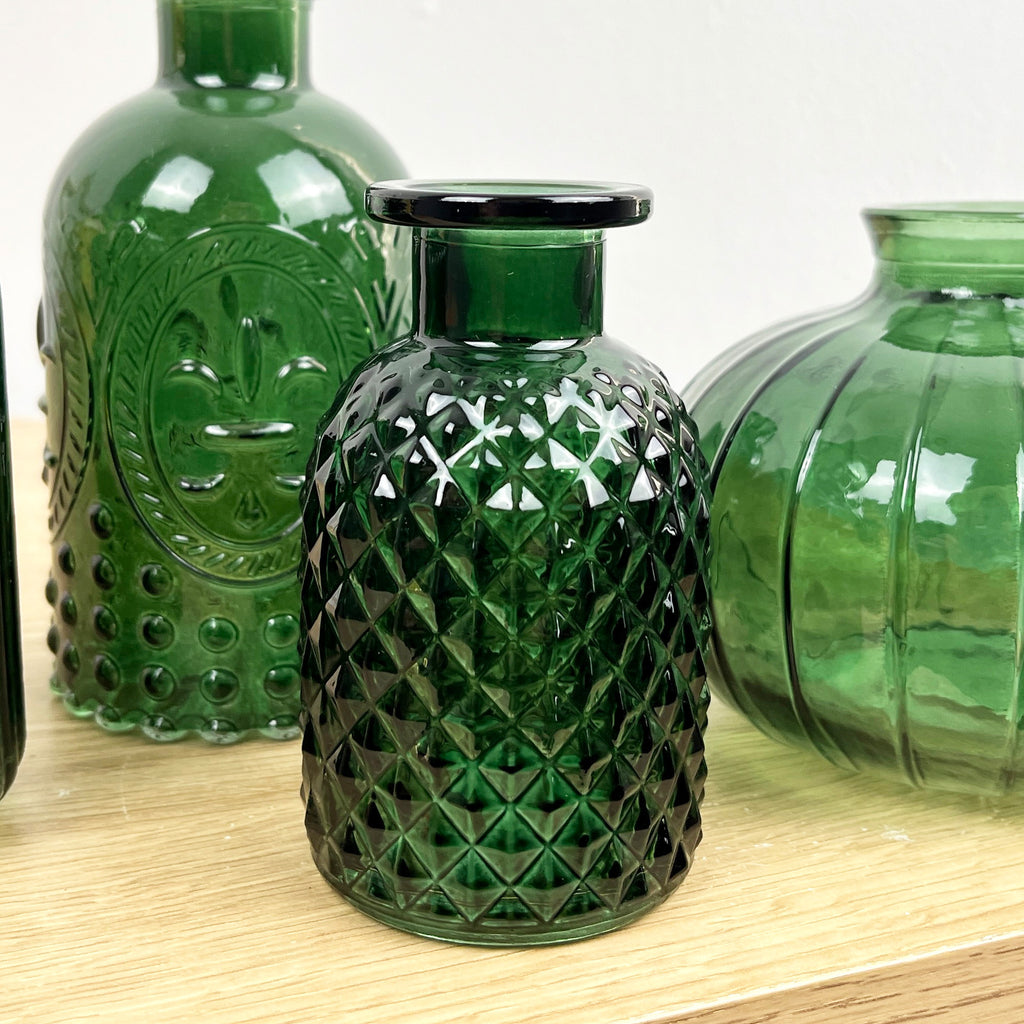 4 Piece Green Glass Bud Vase Set - Fleur-De-Lis Mix