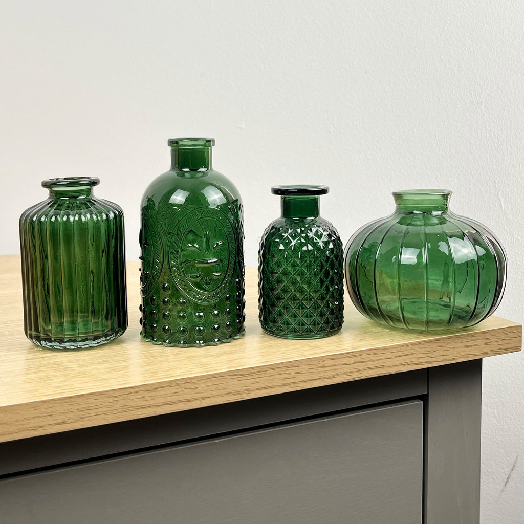 4 Piece Green Glass Bud Vase Set - Fleur-De-Lis Mix