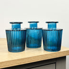 Set of 3 x 10cm Ribbed Glass Bud Vases - Blue