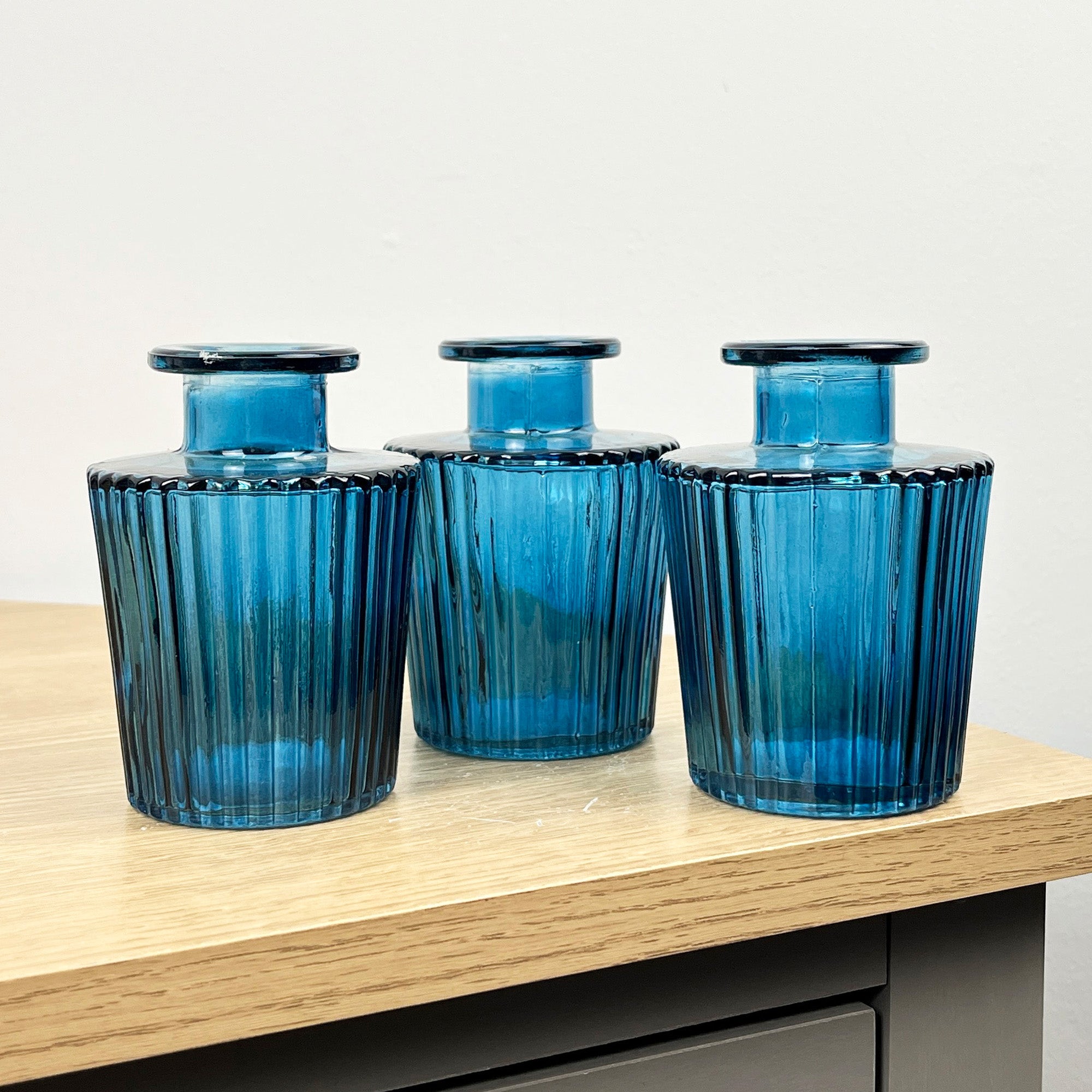Set of 6 x 10cm Ribbed Glass Bud Vases - Blue