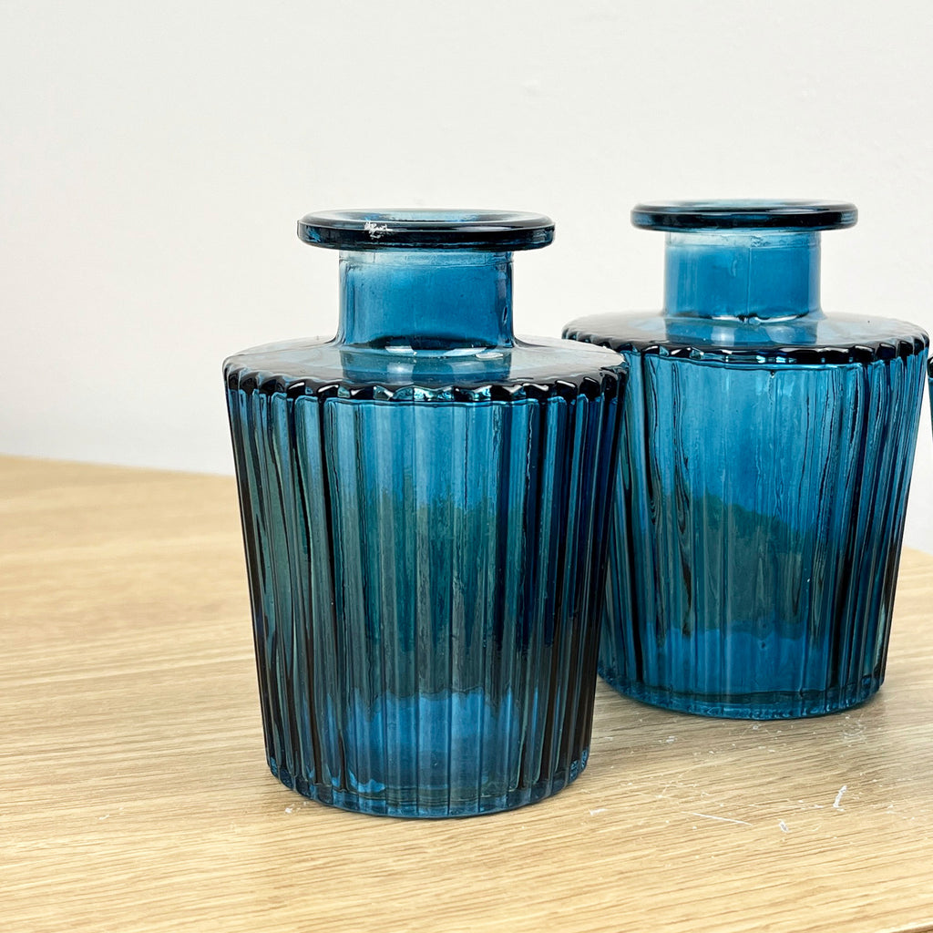Set of 3 x 10cm Ribbed Glass Bud Vases - Blue