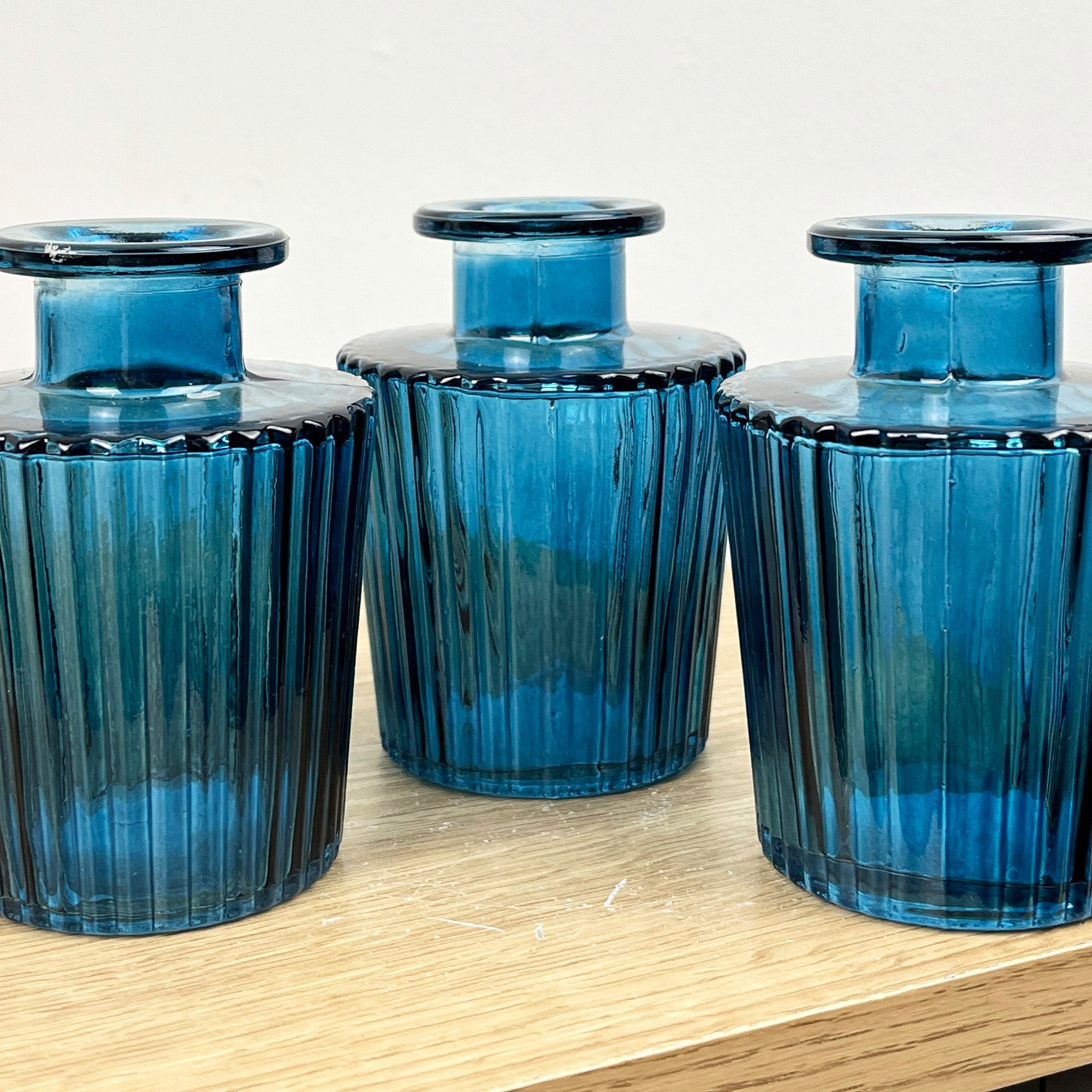 Set of 6 x 10cm Ribbed Glass Bud Vases - Blue