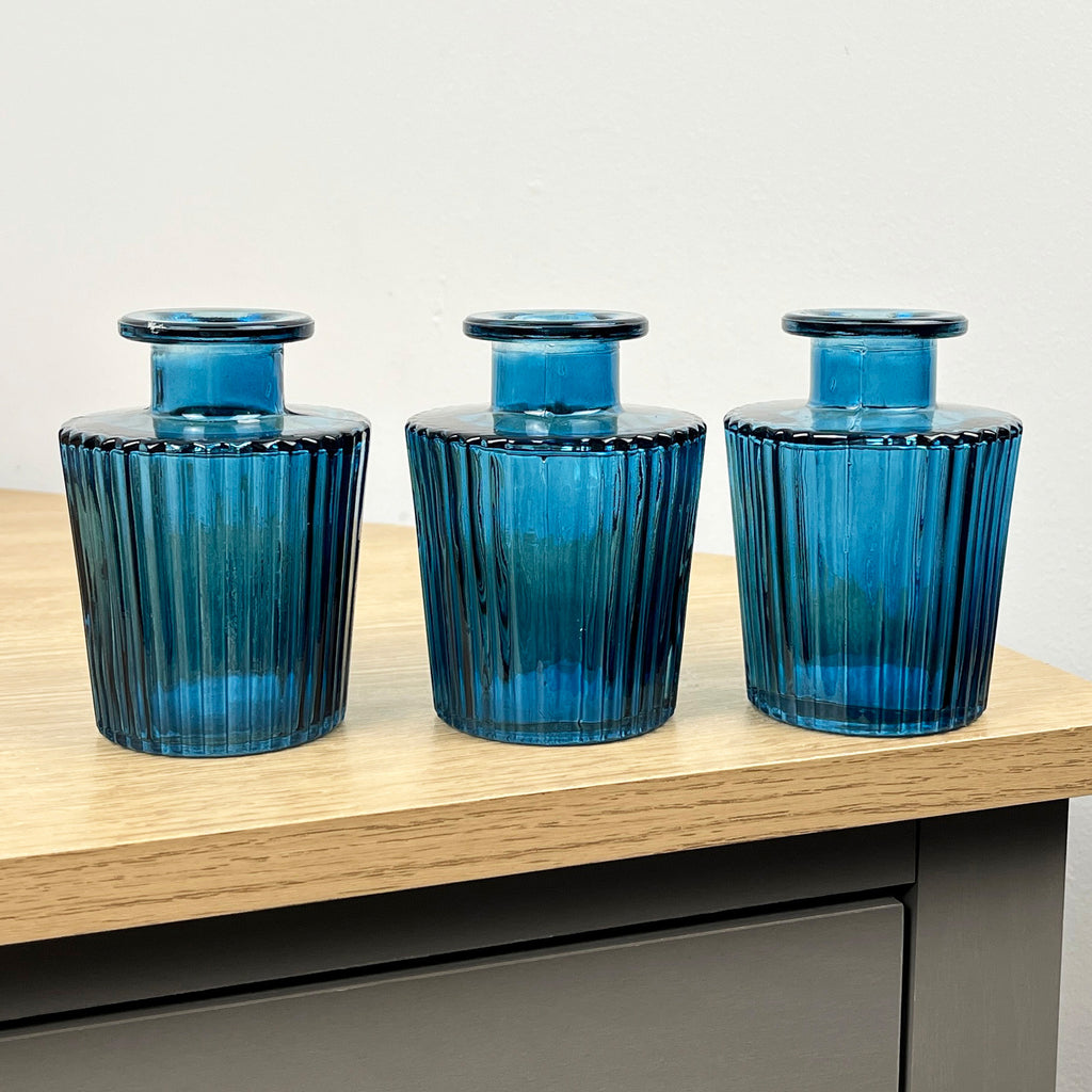 Set of 6 x 10cm Ribbed Glass Bud Vases - Blue