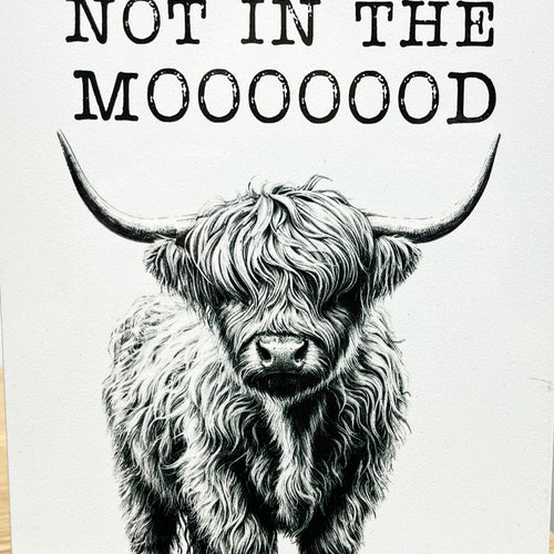 15cm x 20cm ‘Not in the Mooooood’ Highland Cow Wall Sign – Metal