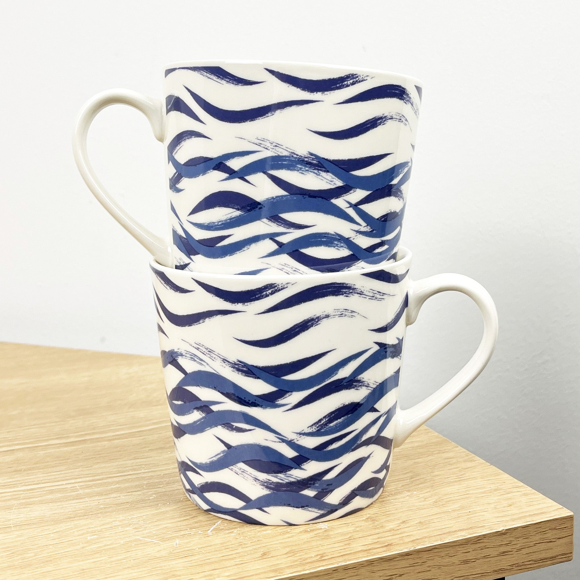 2 x 350ml Nautical Wave Ceramic Mugs - White / Blue
