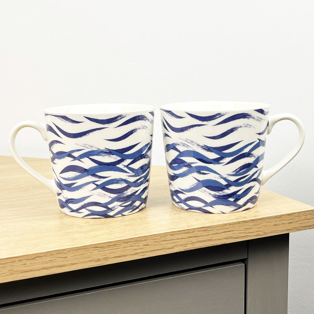 2 x 350ml Nautical Wave Ceramic Mugs - White / Blue