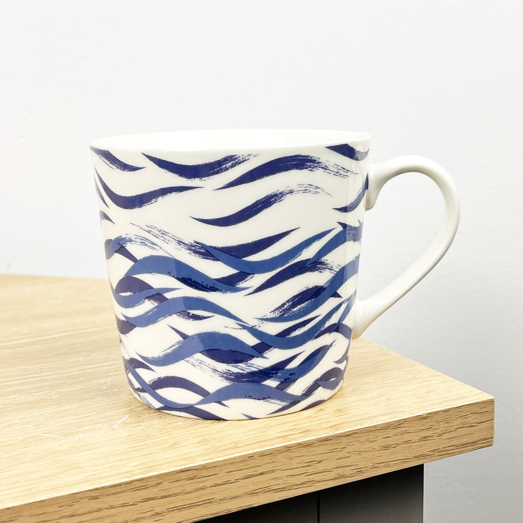 2 x 350ml Nautical Wave Ceramic Mugs - White / Blue