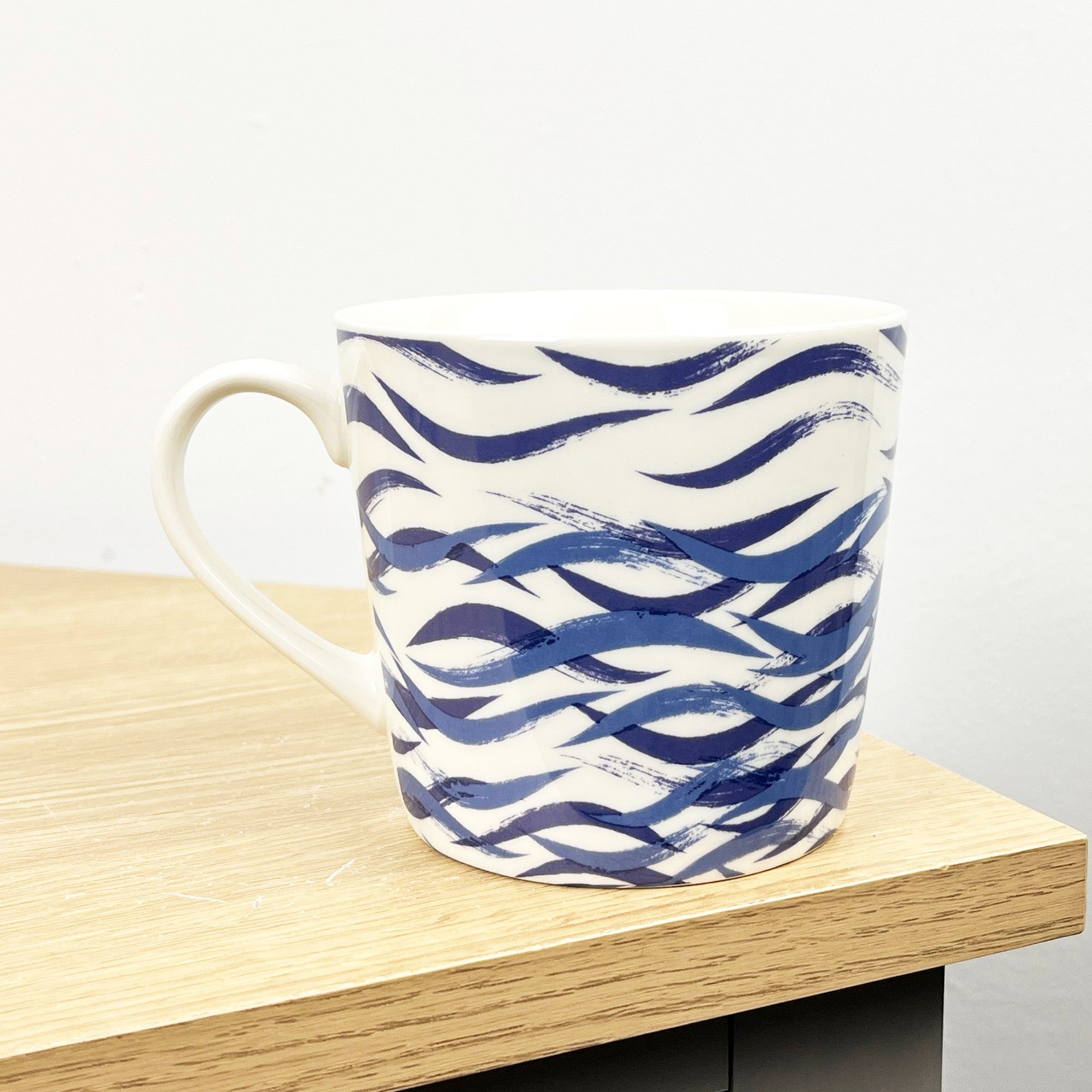 2 x 350ml Nautical Wave Ceramic Mugs - White / Blue