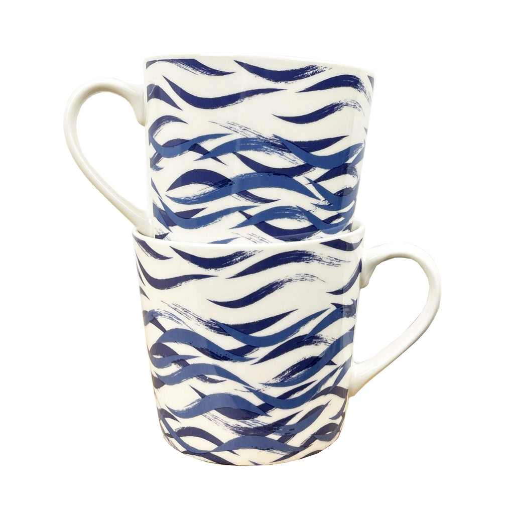 2 x 350ml Nautical Wave Ceramic Mugs - White / Blue