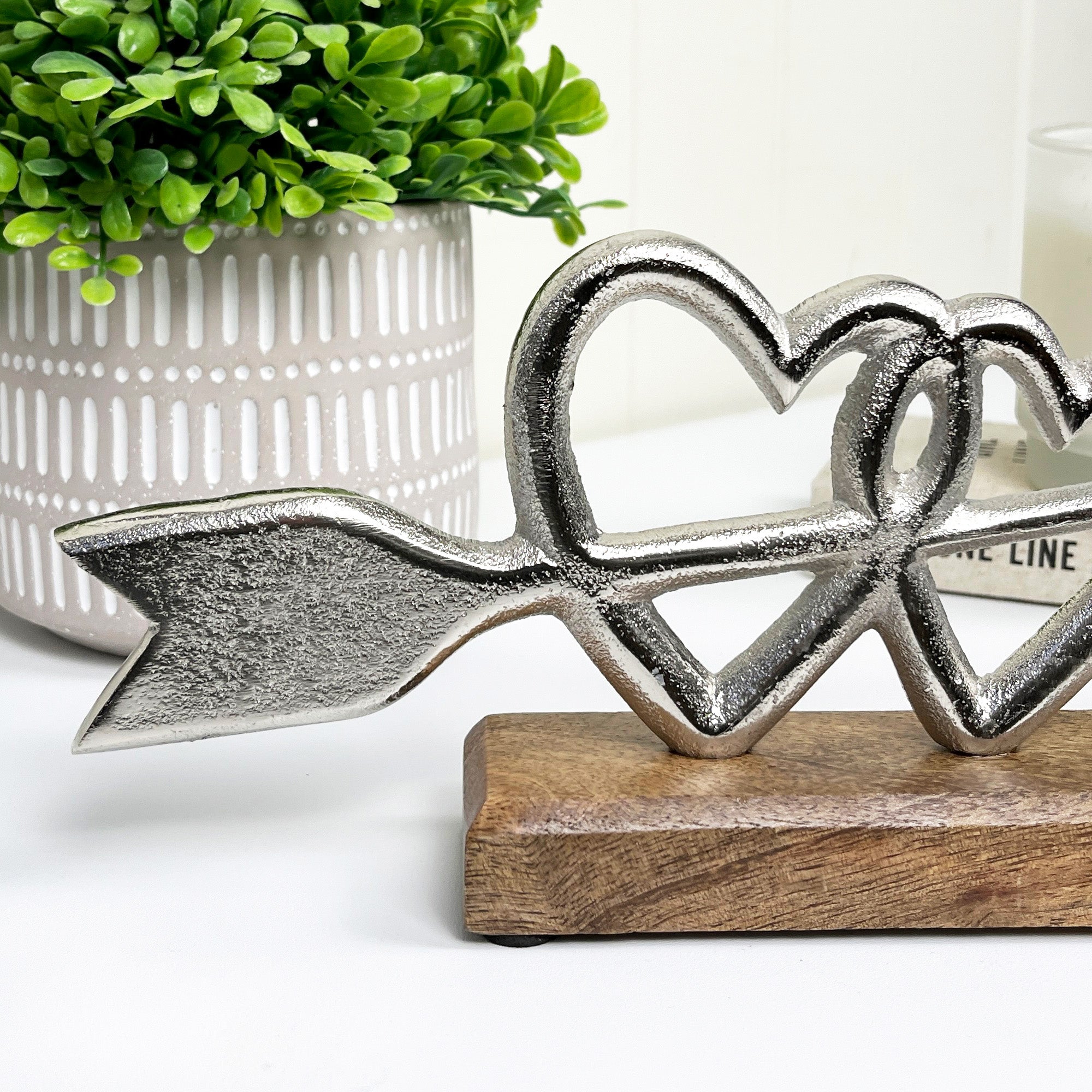 26cm Metal Double Arrowed Hearts Ornament on Wood