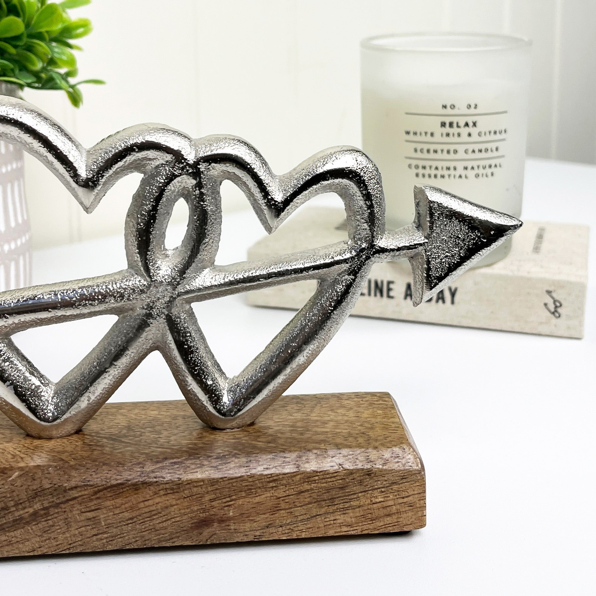 26cm Metal Double Arrowed Hearts Ornament on Wood