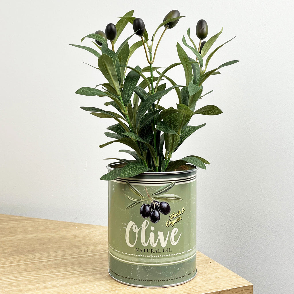 29.5cm Artificial Olive Plant in Vintage Tin Can Plant Pot