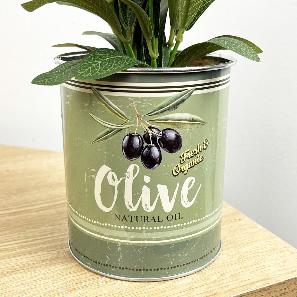 29.5cm Artificial Olive Plant in Vintage Tin Can Plant Pot