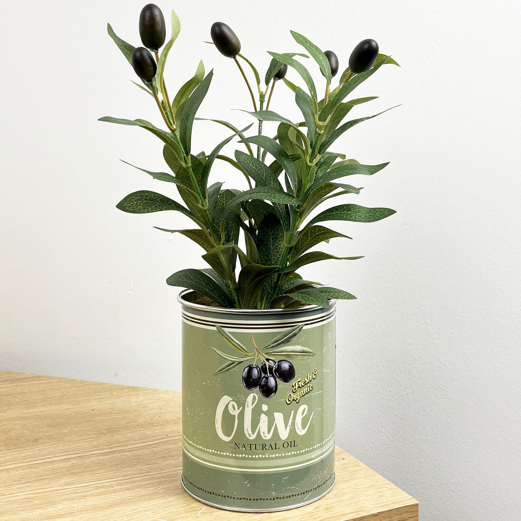 29.5cm Artificial Olive Plant in Vintage Tin Can Plant Pot