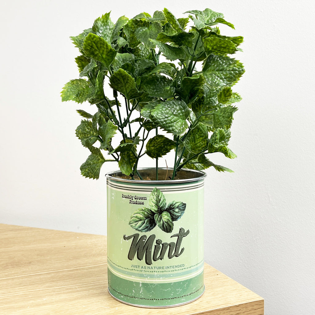28.5cm Artificial Mint Plant in Vintage Tin Can Plant Pot