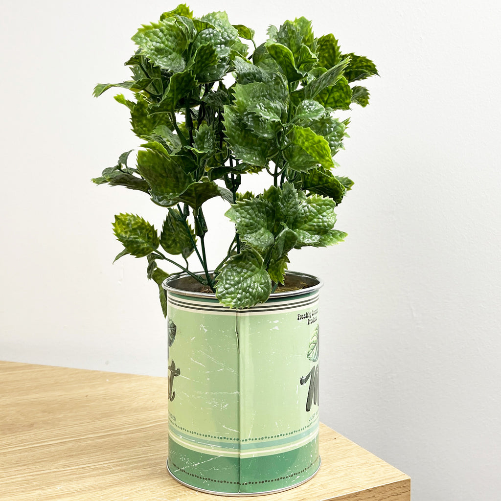 28.5cm Artificial Mint Plant in Vintage Tin Can Plant Pot