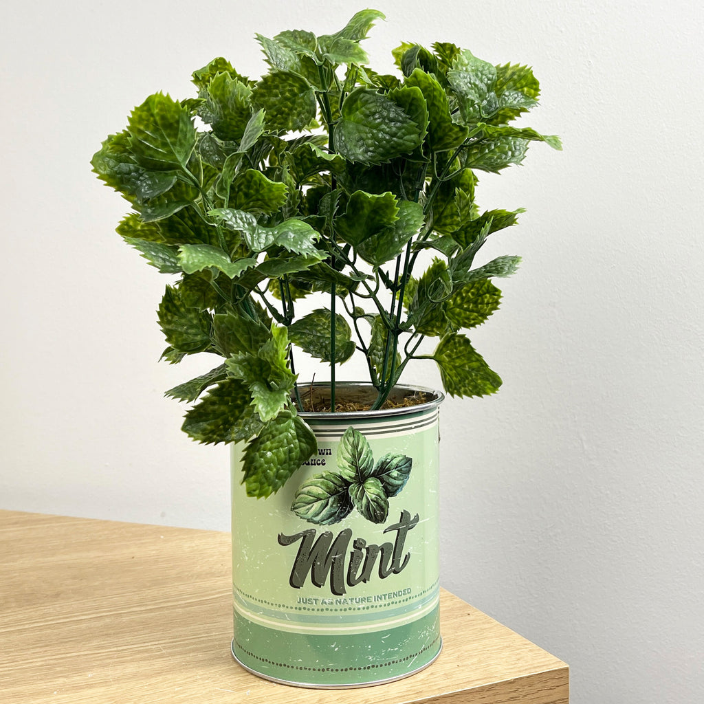 28.5cm Artificial Mint Plant in Vintage Tin Can Plant Pot