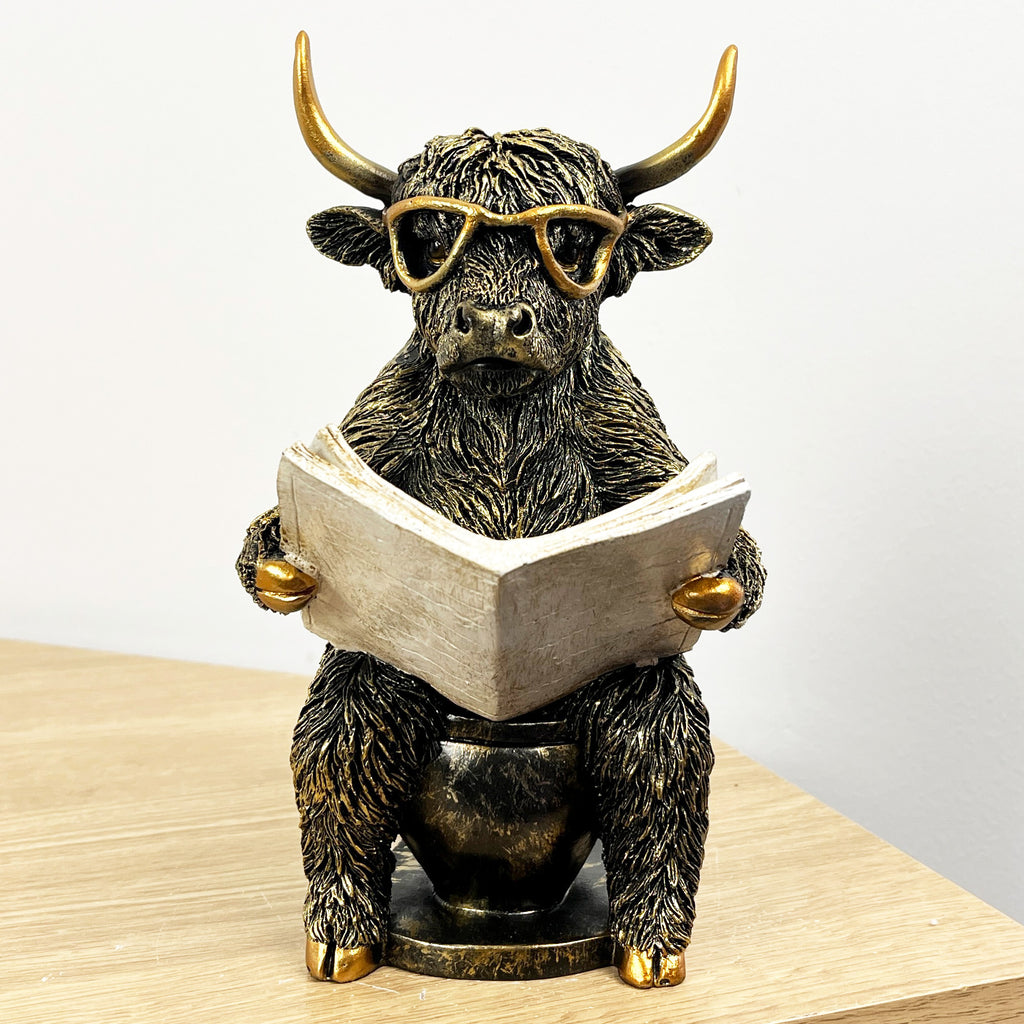 20.5cm Tall Highland Cow on the Toilet Ornament - Resin