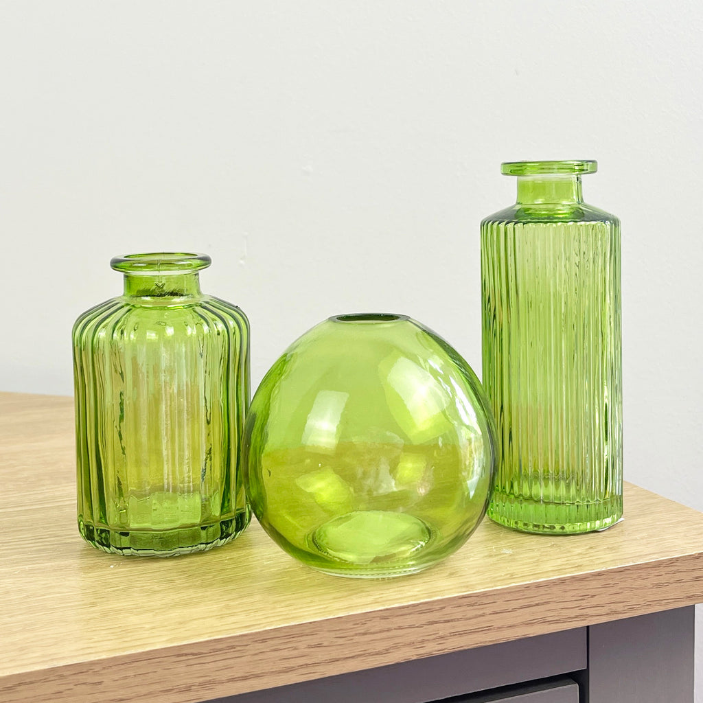 3 Piece Glass Bud Vase Set - Emerald Green Mix #2