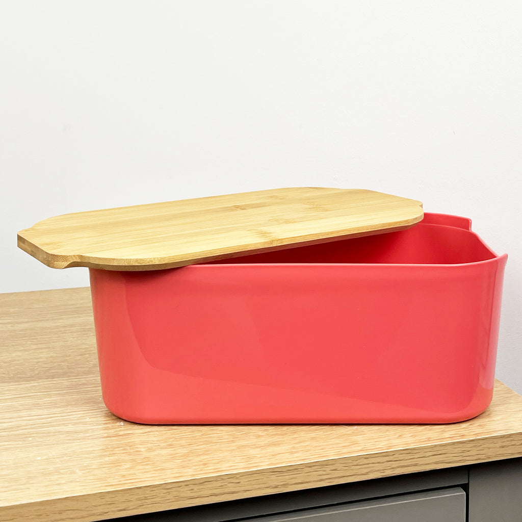 33cm x 12cm Peach Plastic Bread Bin with Wooden Lid