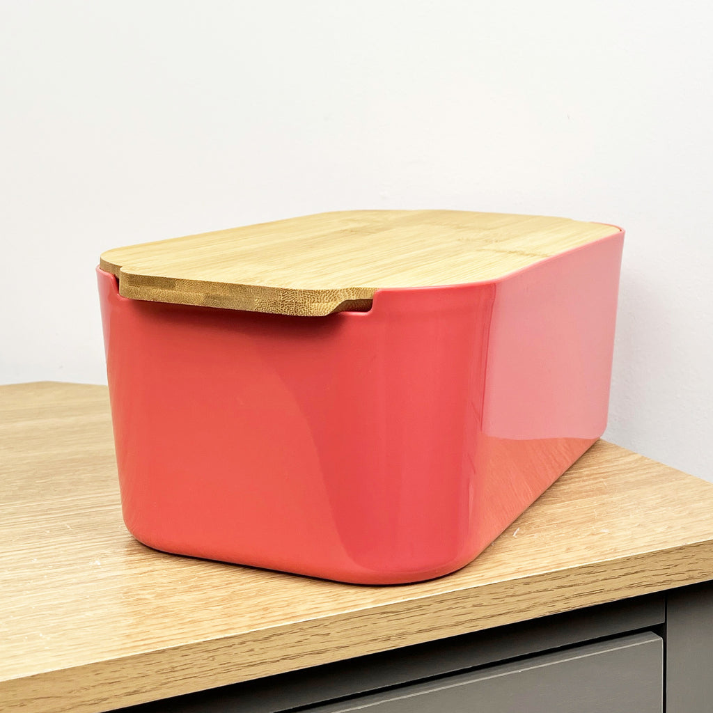 33cm x 12cm Peach Plastic Bread Bin with Wooden Lid