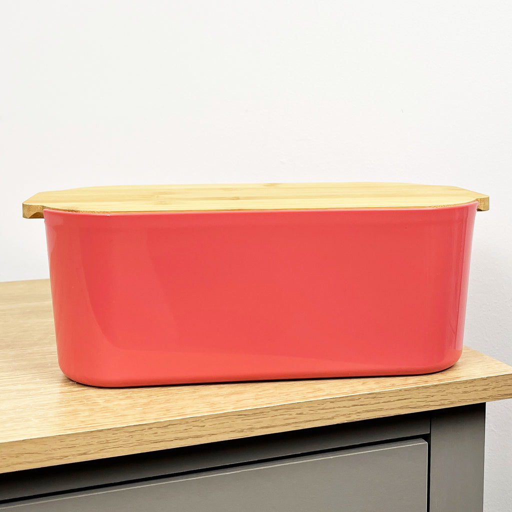 33cm x 12cm Peach Plastic Bread Bin with Wooden Lid