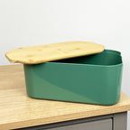 33cm x 12cm Green Plastic Bread Bin with Wooden Lid