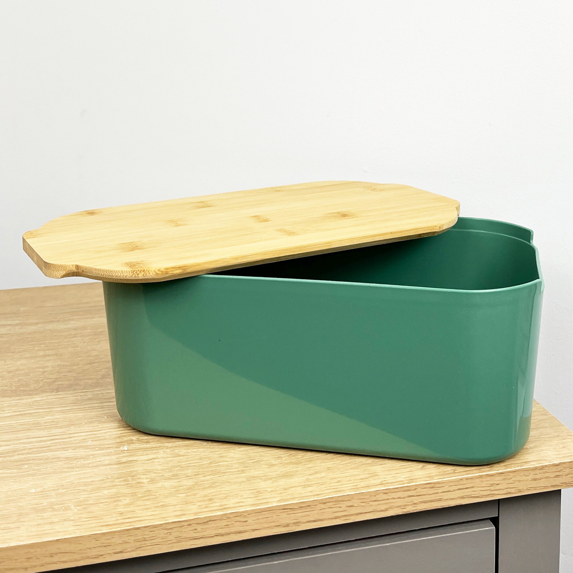 33cm x 12cm Green Plastic Bread Bin with Wooden Lid