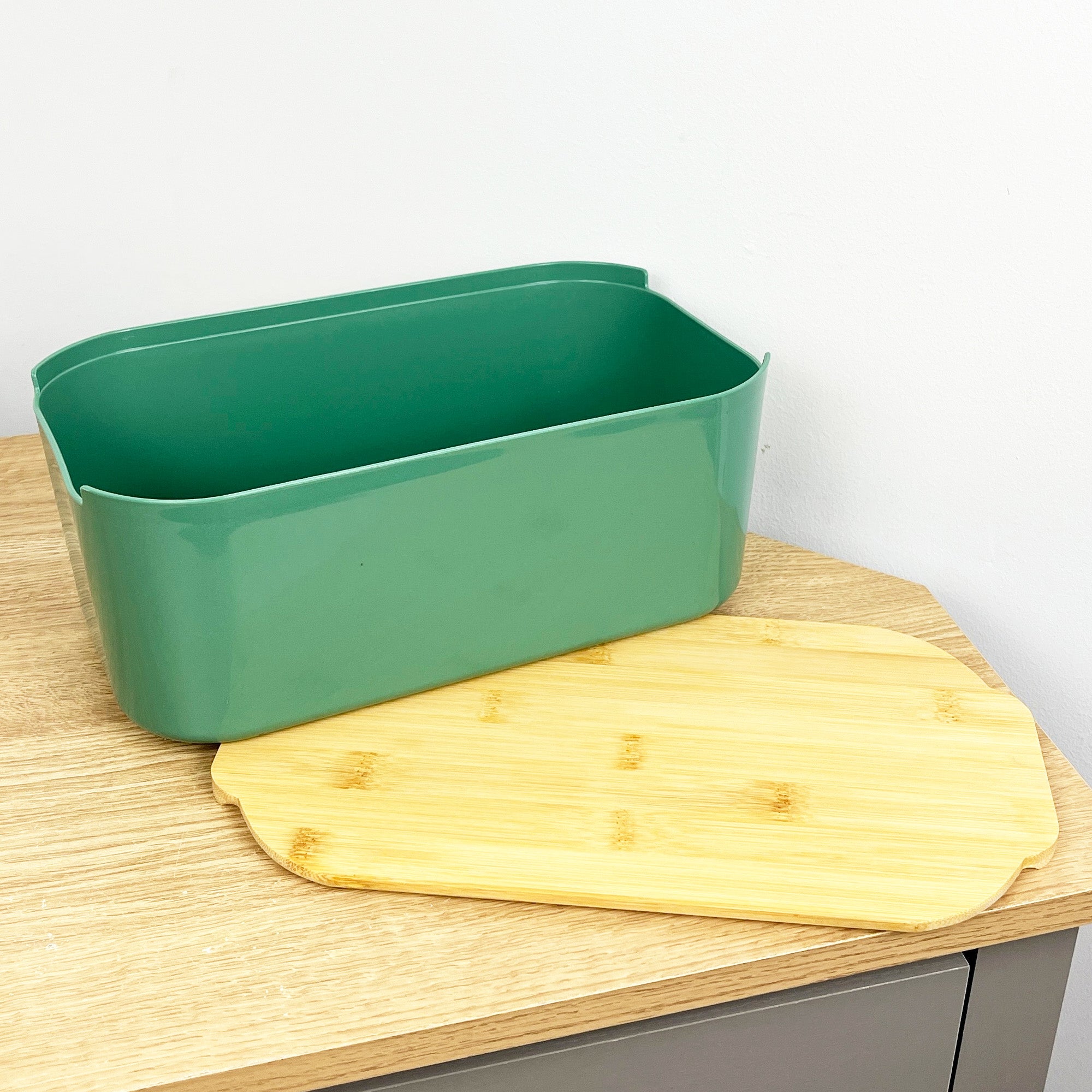 33cm x 12cm Green Plastic Bread Bin with Wooden Lid