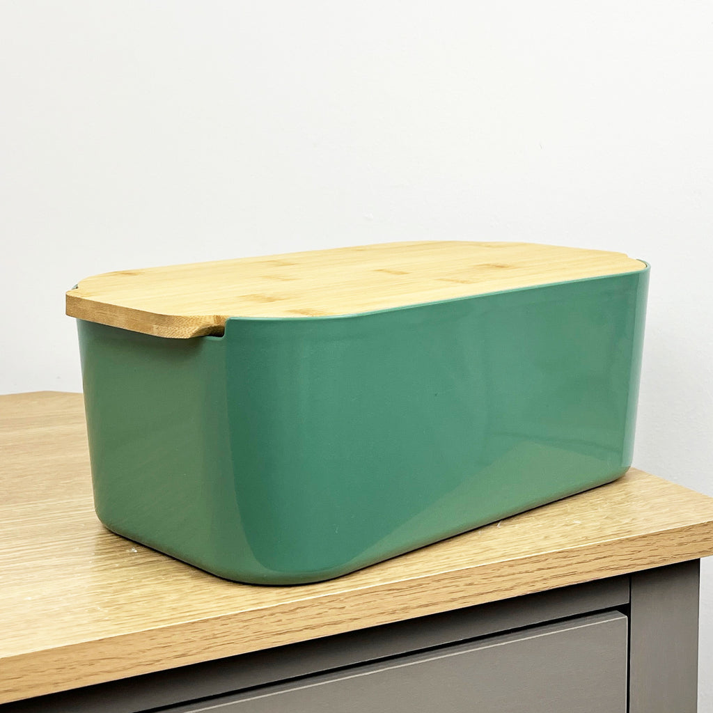 33cm x 12cm Green Plastic Bread Bin with Wooden Lid