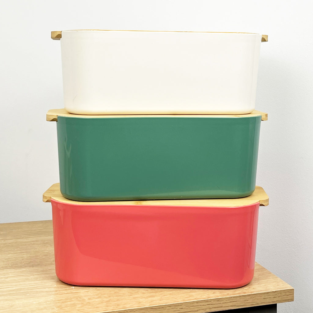 33cm x 12cm Cream Plastic Bread Bin with Wooden Lid