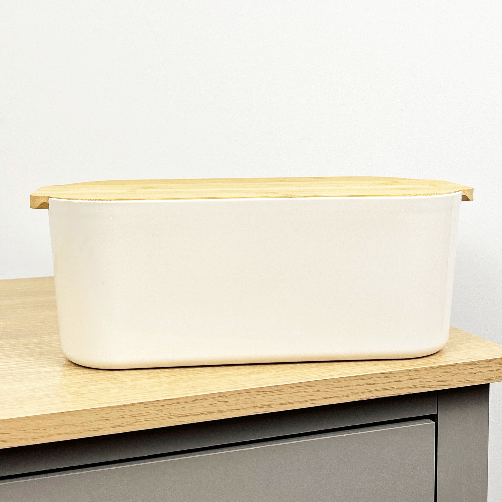33cm x 12cm Cream Plastic Bread Bin with Wooden Lid