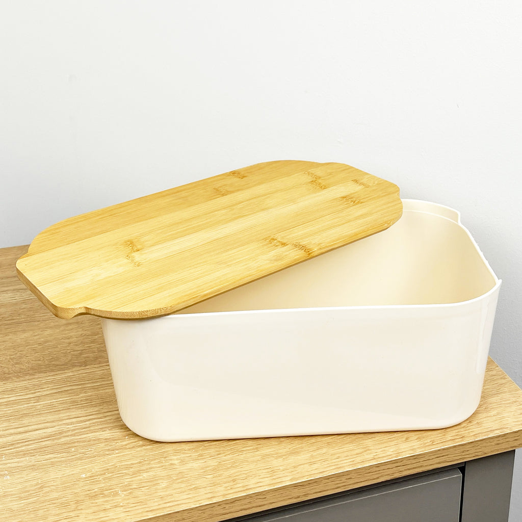 33cm x 12cm Cream Plastic Bread Bin with Wooden Lid