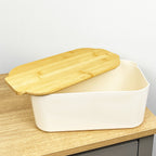 33cm x 12cm Cream Plastic Bread Bin with Wooden Lid