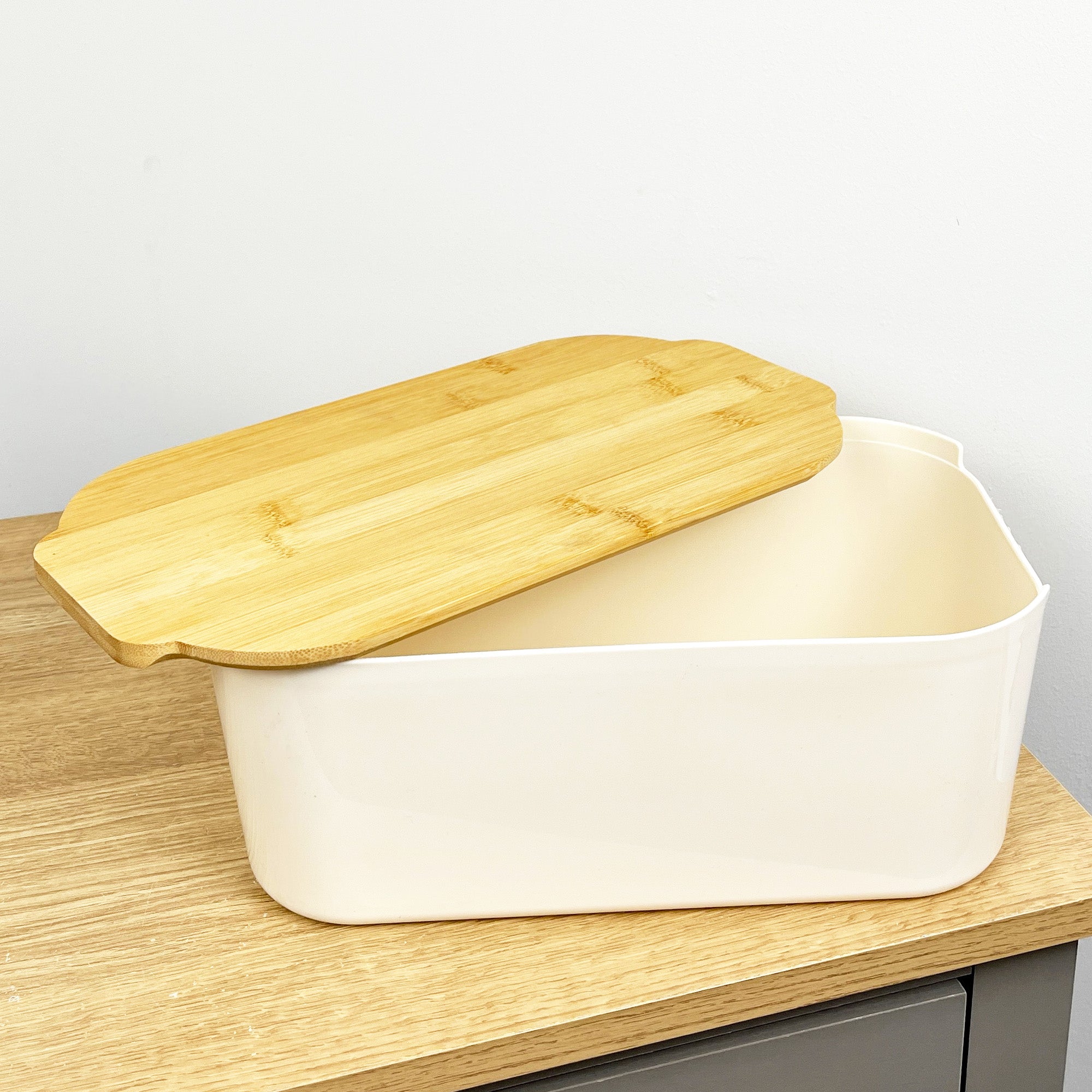 33cm x 12cm Cream Plastic Bread Bin with Wooden Lid