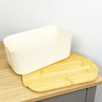 33cm x 12cm Cream Plastic Bread Bin with Wooden Lid