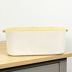 33cm x 12cm Cream Plastic Bread Bin with Wooden Lid